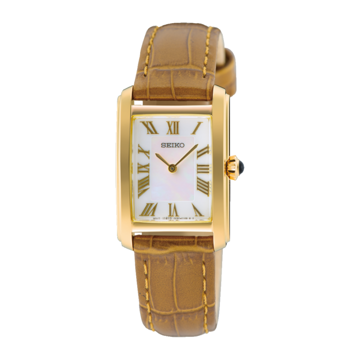 Seiko Classique SWR100P1 | Montre Femme Rectangulaire Dorée & Cuir Camel