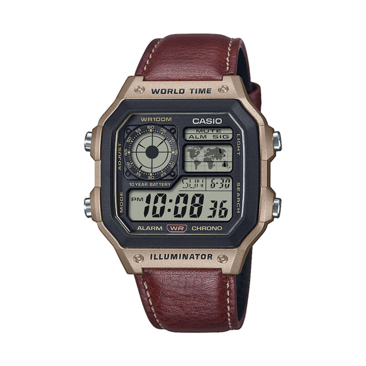Casio AE-1200WHL-5AVEF Casio Royale | Montre World Time Cuir Marron