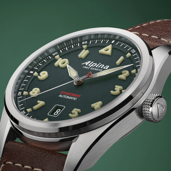 Montre ALPINA Startimer Pilot Automatic AL-525 | Kaki & Cuir Marron