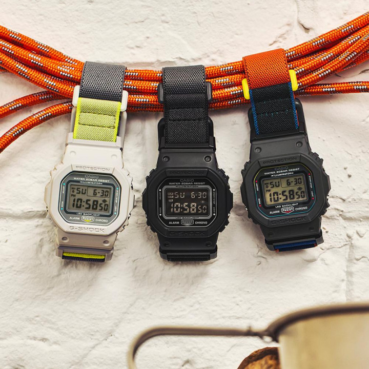 G-SHOCK DW-5600MNC-7A8 Gris & Fluo | Bracelet Tissu FIDLOCK®
