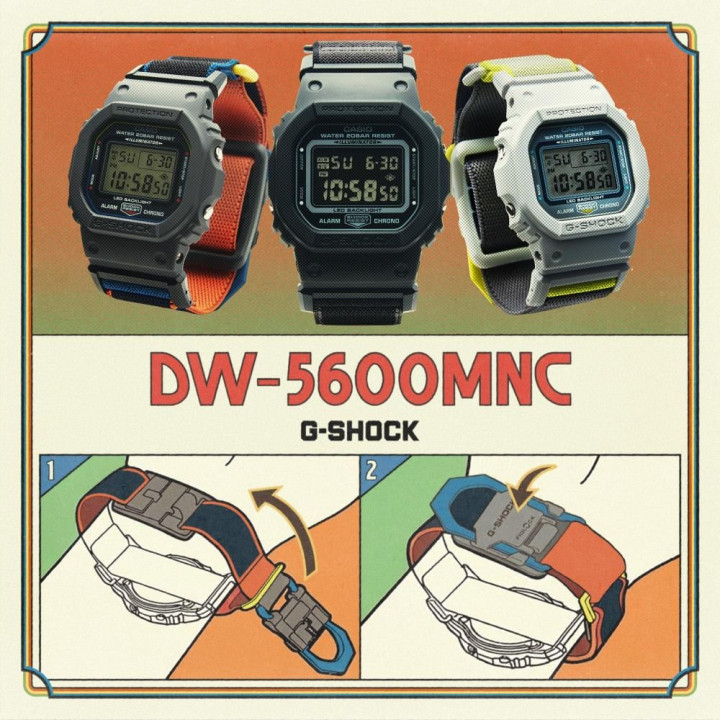 G-SHOCK DW-5600MNC-7A8 Gris & Fluo | Bracelet Tissu FIDLOCK®