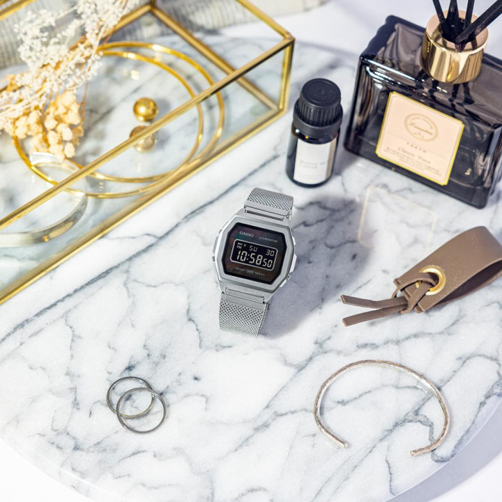 Casio Vintage Premium A1000M-1BEF Argent | Nacre Noire & Maille Milanaise