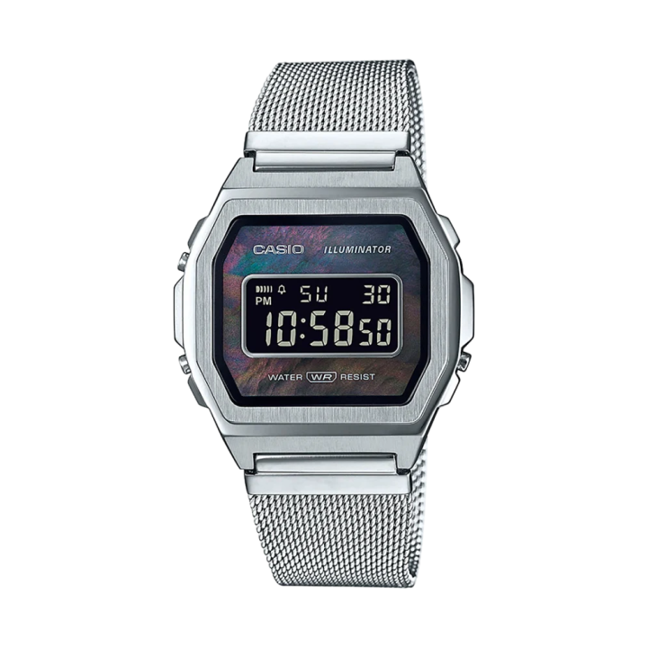 Casio Vintage Premium A1000M-1BEF Argent | Nacre Noire & Maille Milanaise