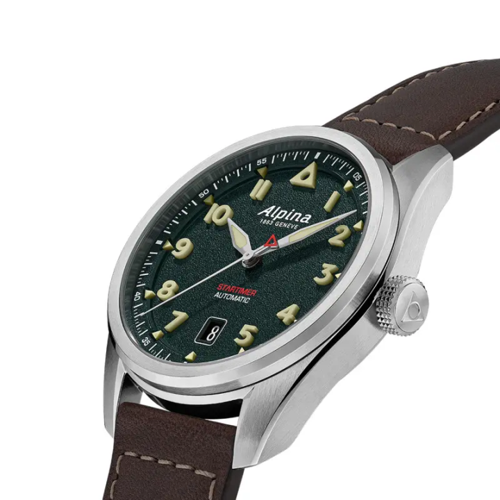 Montre ALPINA Startimer Pilot Automatic AL-525 | Kaki & Cuir Marron