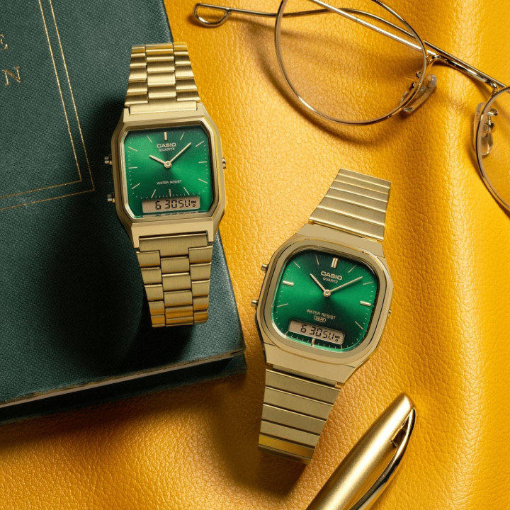Casio Vintage AQ-230GA-3AMQYES Ana-Digi Dorée Cadran Vert